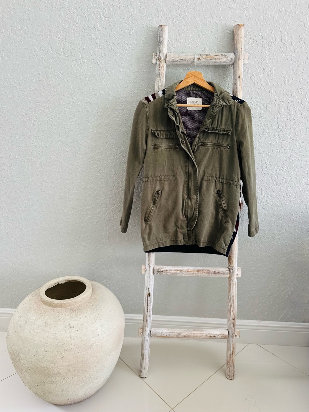 Thread & Supply Jacket Aztec Knit Zip & Button-up Utility XS in Olive